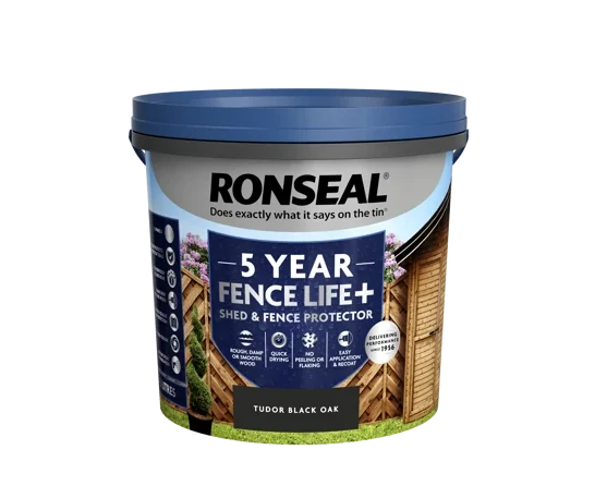Ronseal 5 Year Fence Life+ shed and fence protector paint bucket with blue lid on a black background. Ronseal 10 Year Woodstain - Sealant Supplies Ltd