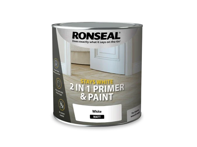 Ronseal 2-in-1 primer and paint can in white matt finish for interior walls, shown on label. Ronseal Stays White One Coat Paint - Sealant Supplies Ltd